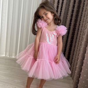 Pink tutu Dress, Personalized Birthday Pink Puffy Dress With Sequins, Birthday Tutu Outfit, Hot Pink Dress for Baby Girls,Pink dress