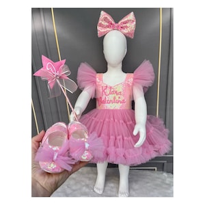 Pink tutu Dress, Personalized Birthday Pink Puffy Dress With Sequins, Birthday Tutu Outfit, Hot Pink Dress for Baby Girls,Pink dress
