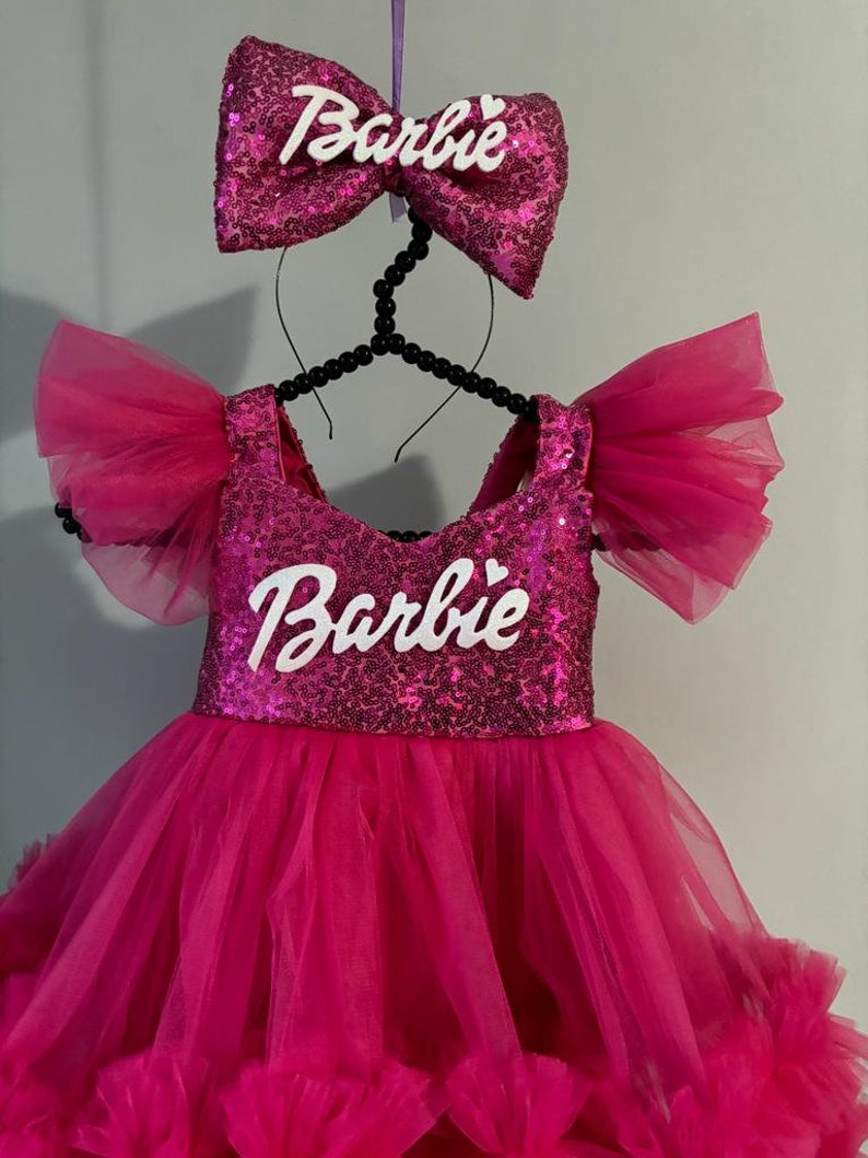 Fuchsia Pink Dress, Personalized Birthday Fuchsia Puffy Dress With Sequins, Birthday Tutu Outfit, Hot Pink Dress for Baby Girl, image 8