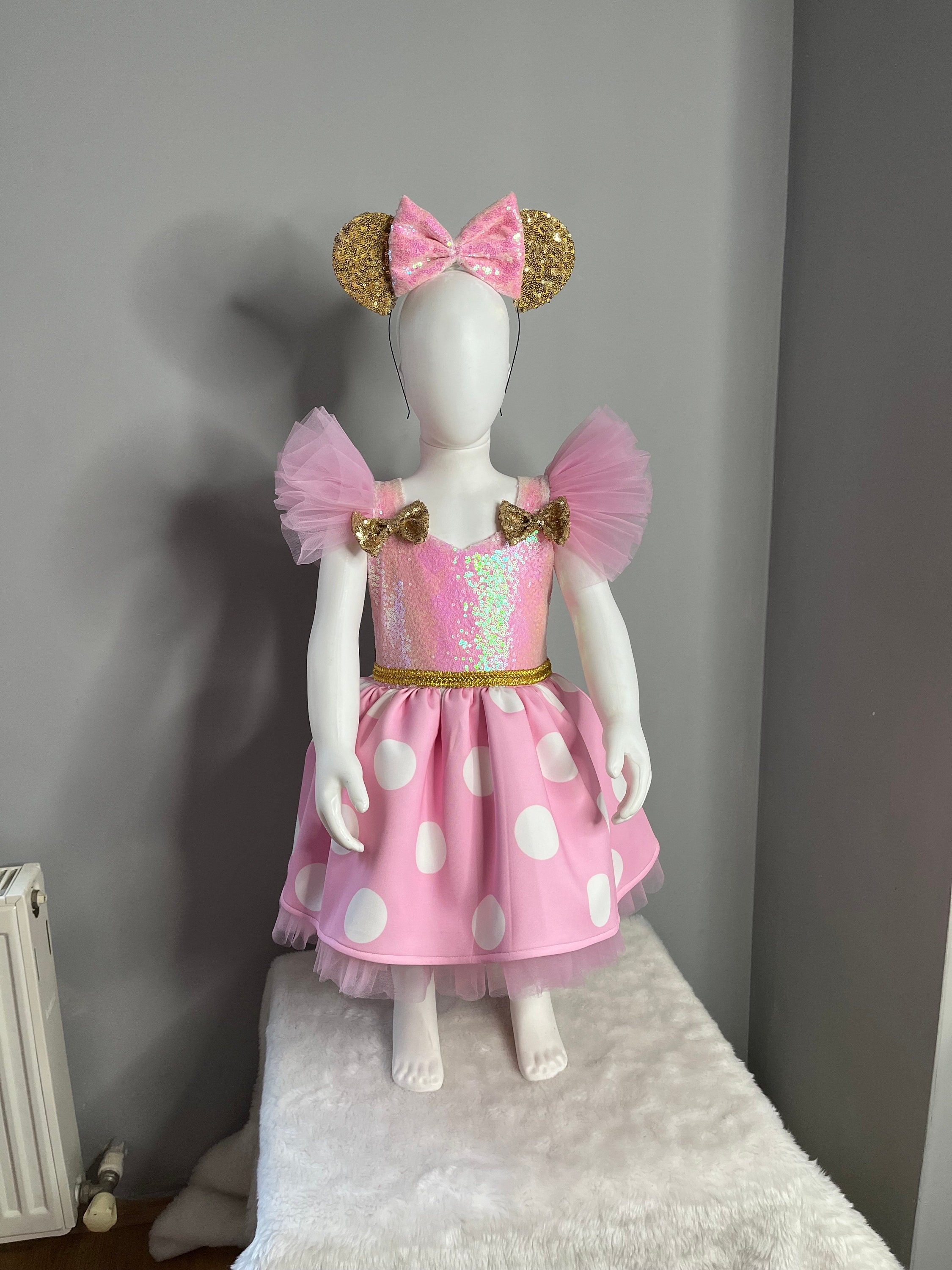 green emerald velvet dress Pink Minnie costume. Baby girl dress. Minnie birthday dress. Sparkle and  pearl minnie dress. For special occasion. Handmade! – Kids Dressy main image 0