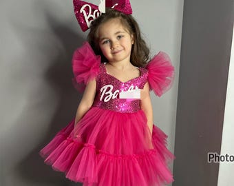 Fuchsia Pink   Dress, Personalized Birthday Fuchsia Puffy Dress With Sequins, Birthday Tutu Outfit, Hot Pink Dress for Baby Girl,