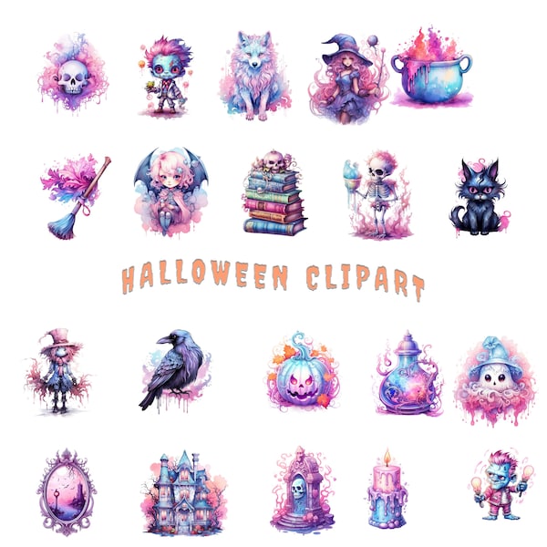 Pastel Halloween clipart bundle, Digital Watercolor halloween png, Halloween clipart, 20 png transparent, 300 dpi, Commercial use clip art