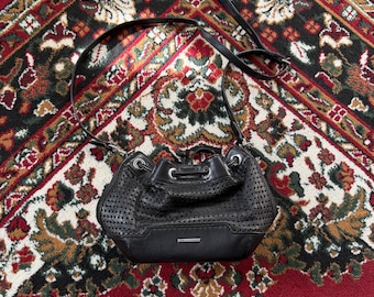 Rebecca Minkoff Perforated Leather Drawstring Bucket Bag Black Crossbody Shoulder