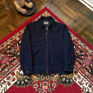 Chaqueta de trabajo vintage de lana azul marino de los años 70, con cremallera y corte holgado.