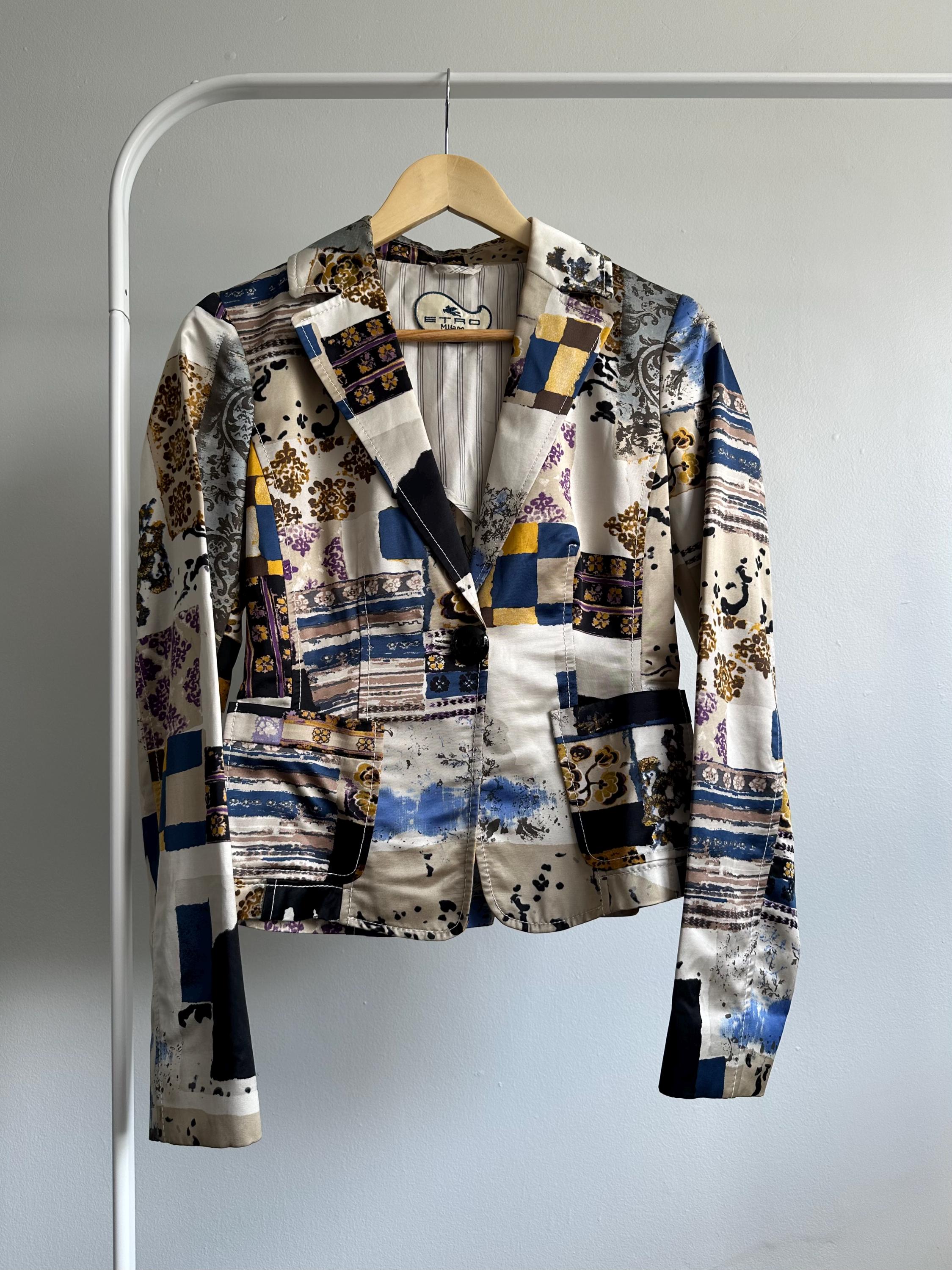 Etro Beige Blue Black Satin Floral Paisley Blazer Size 6/42