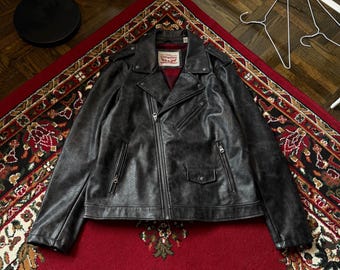 Levi’s Black Faux Leather Moto Jacket Men’s Large Biker USA Buffalo Plaid Lining