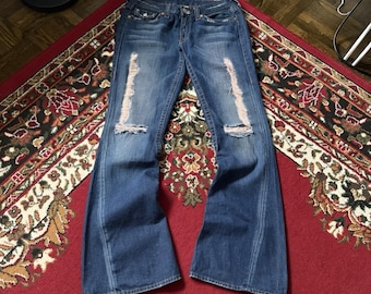 Pantalones acampanados desgastados Joey Blue Jeans Woodstock, talla 31, vintage True Religion #503