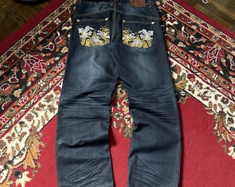Osaka Big Train Japanska Denim Jeans Herr 32 Broderad Y2K Evisu Style