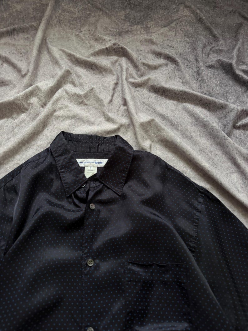 May include: Black button-down shirt with a subtle polka dot pattern. The shirt has a classic collar, a chest pocket, and a buttoned front. The fabric has a slight sheen.