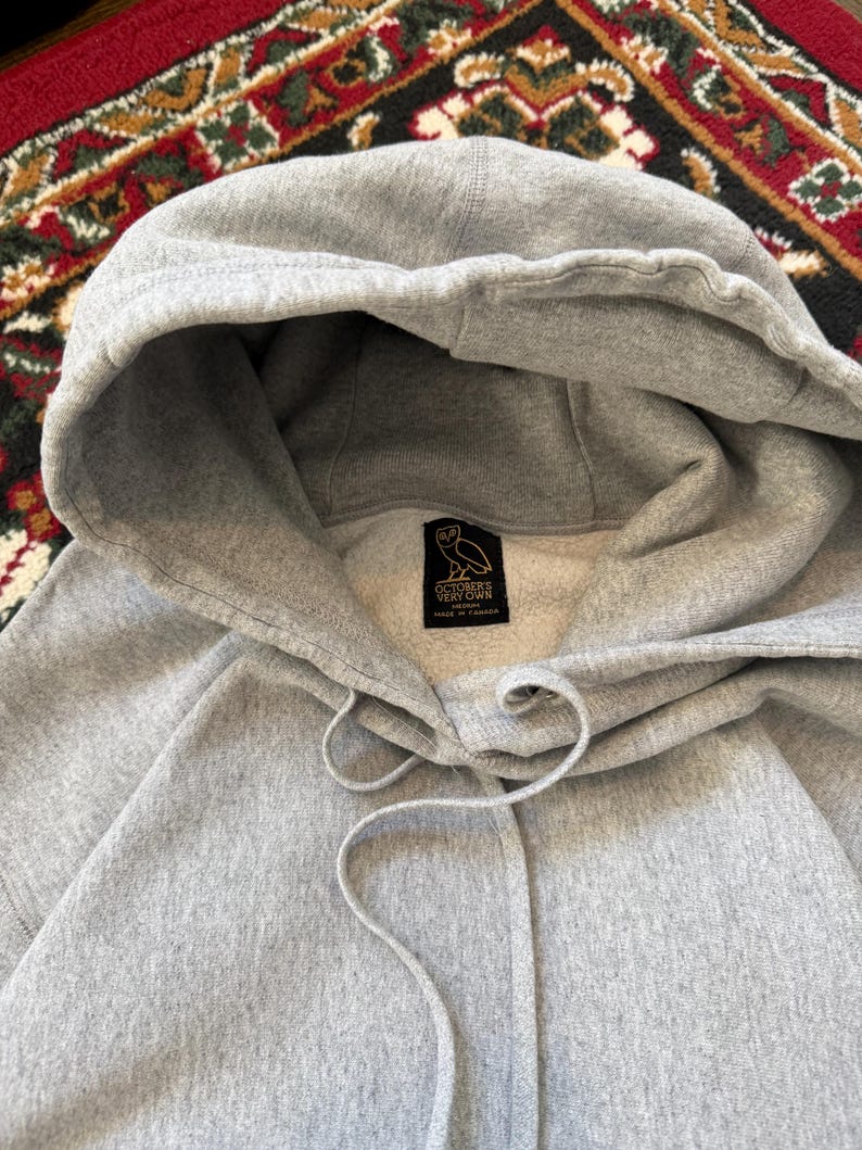 Pu&ograve; includere: Una felpa con cappuccio grigio chiaro con coulisse e cappuccio. La felpa ha un'etichetta con un logo e del testo. Il tessuto sembra essere un materiale morbido e di peso medio. Lo sfondo &egrave; un tappeto fantasia.