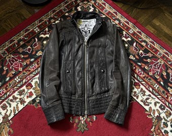 Mackage Buttery Lambskin Leather Jacket Sz XS Brown Vintage Graphic Lining