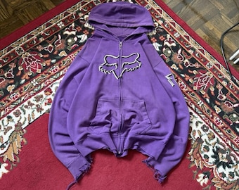 Trashed Fox Racing Full Zip Hoodie Size L Grunge Motocross Distressed Sweatshirt