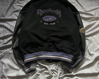 Vintage Reebok Jacket Mens Large Black Wool Leather Varsity Bomber Snap Quilted