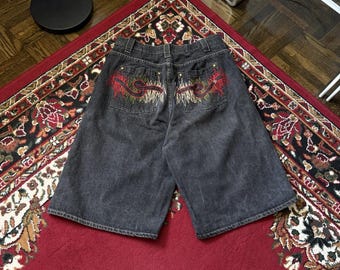 Y2K Revolution Baggy Denim Shorts 90s Embroidered Gray Distressed Jeans JNCO Sty