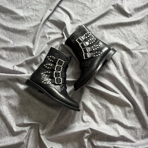 Saint Laurent Black Leather Studded Strap Rangers Boot 36.5