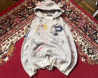 Rara felpa con cappuccio Polo Ralph Lauren Varsity Oxford Print grigia stile Letterman After Hood L