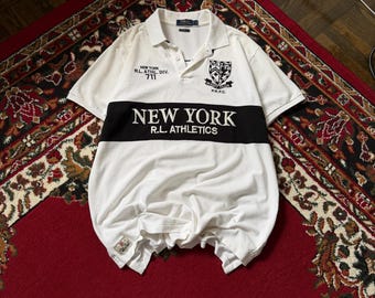 Polo Ralph Lauren White Custom Fit NY New York Rugby Club Polo Shirt 67 Size L