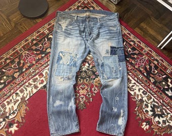 Polo Ralph Lauren Fish Patchwork Jeans Repaired Distressed Denim Size 38/30