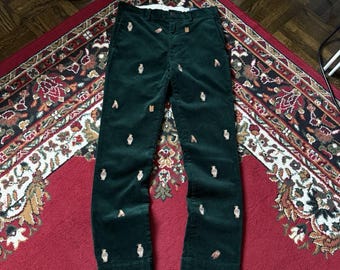 Polo Ralph Lauren Bear Slim Green Corduroy Embroidered Pants Size 30/30