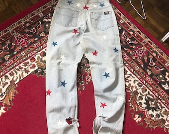 Vintage 90er Jahre Parasuco Distressed USA Flagge Sterne Jeans Light Wash Denim