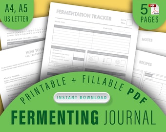 Fermenting Journal | Printable & Fillable PDF | Digital Download | 5 PAGE BUNDLE | Recipe + Notes Pages | Fermentation Guide