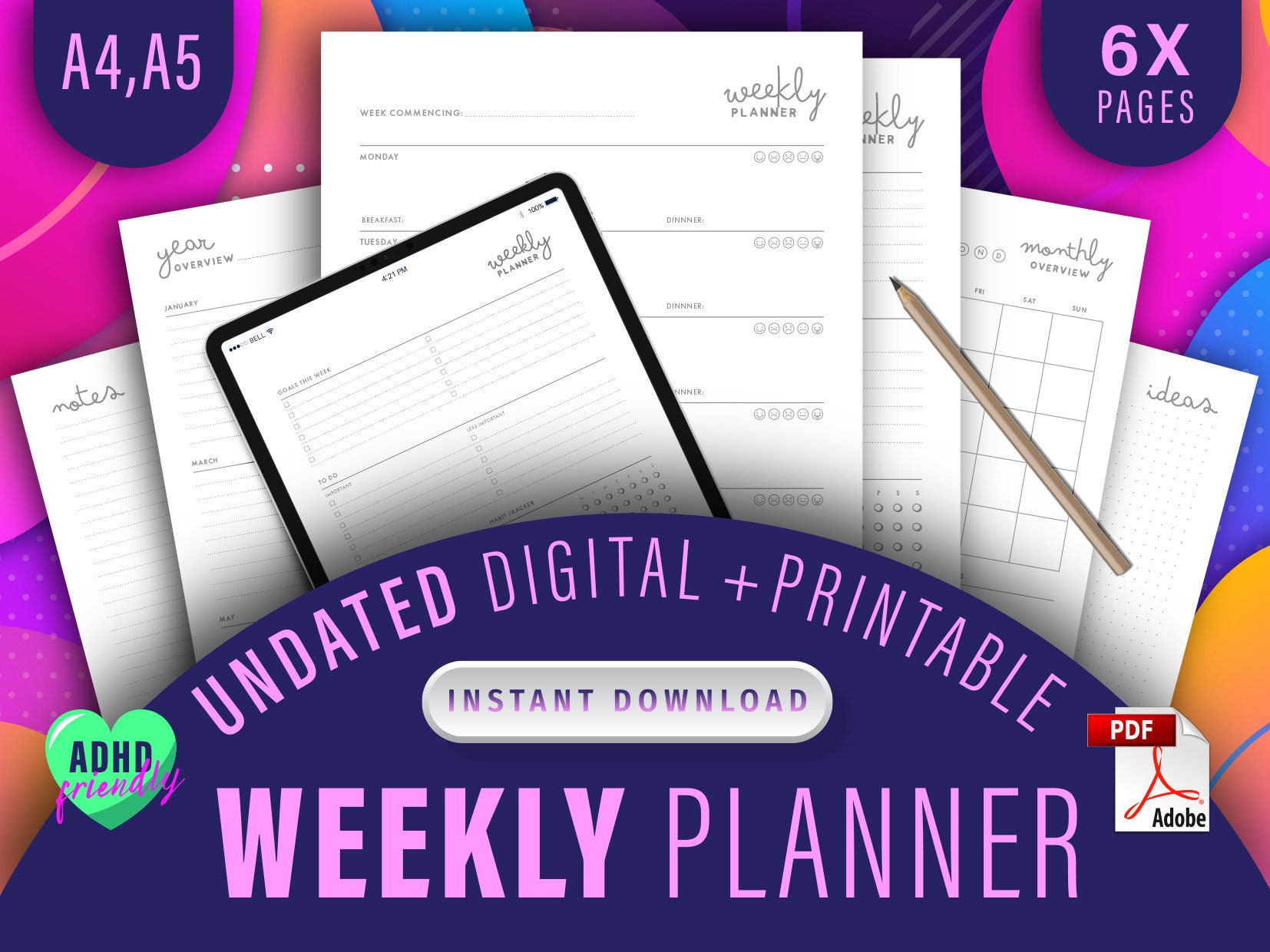 UNDATED Weekly Planner | Printable + Digital Pdf | A4 & A5 Size ...