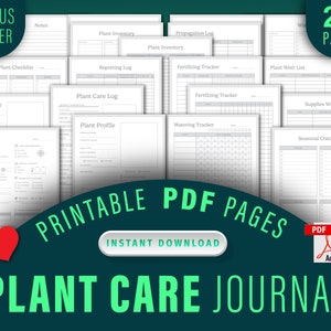 May include: Printable plant care journal with 20 pages, including a plant profile, maintenance log, watering tracker, fertilising tracker, and more. The journal is designed for use with houseplants and includes a checklist for common tasks. The journal is available as a PDF download.