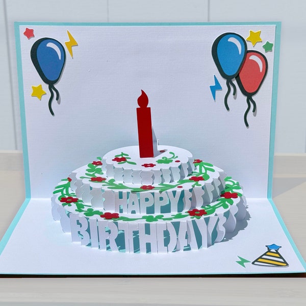 Carte de voeux pop-up gâteau de joyeux anniversaire rose et bleu