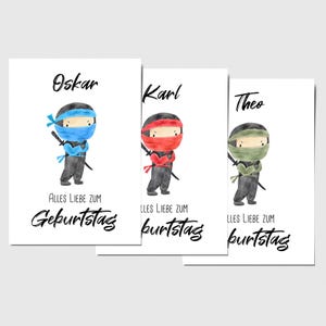 Personalisierte Ninja Geburtstagskarte für Kinder mit Namen – Ninja Karte in Blau, Rot oder Grün, Postkarte & Klappkarte zum Geburtstag
