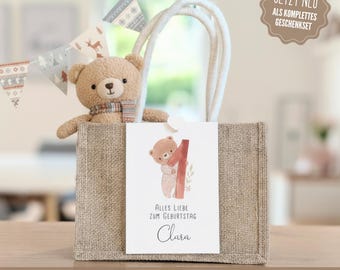 1st birthday gift set with bear motif – jute bag, card with name & heart clip – individual personalizable gift