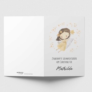 Hochwertig gedruckte Weihnachtskarte mit einem süßen Christkind, das einen Stern hält. Personalisierte Karte mit Namen für Kinder. Ideal für den Nikolaustag, Heiligabend oder als Gruß vom Christkind unter dem Weihnachtsbaum.