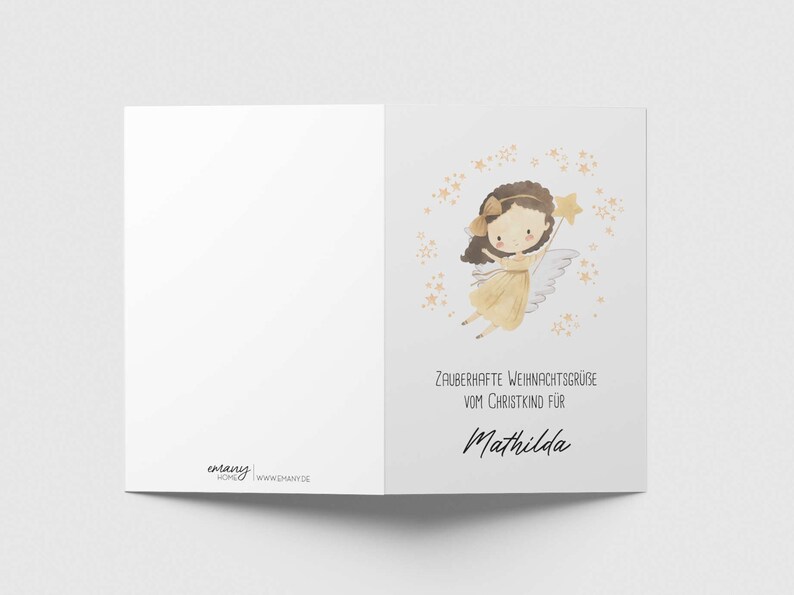 Hochwertig gedruckte Weihnachtskarte mit einem süßen Christkind, das einen Stern hält. Personalisierte Karte mit Namen für Kinder. Ideal für den Nikolaustag, Heiligabend oder als Gruß vom Christkind unter dem Weihnachtsbaum.