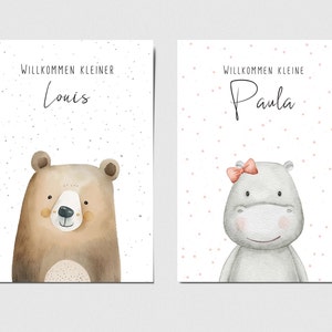 Card for the birth of a bear or hippopotamus, welcome little miracle, customizable with desired name
