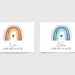 Karte  zur Geburt mit Regenbogen und Wunschname personalisiert, Schön dass du da bist