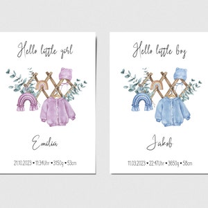 Karte zur Geburt, Hello little girl oder boy, mit Wunschname und Geburtsdaten personalisierbar