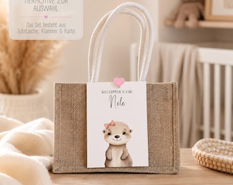 Personalized baby gift set | Jute bag with animal baby card & heart clip | Baby gift for boys and girls