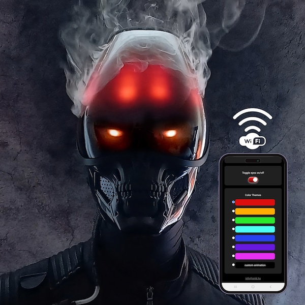 Wearable Smoking Halloween full face mask - Flaming cyberpunk skull - Unique glowing scary skeleton helmet - LED burn effect - Ghost Rider