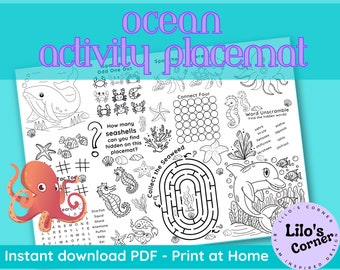 OCEAN Printable Activity Placemat, Activities for kids, Word Find, Mazes, Themed Activity Sheets, Coloring pages, Birthday party