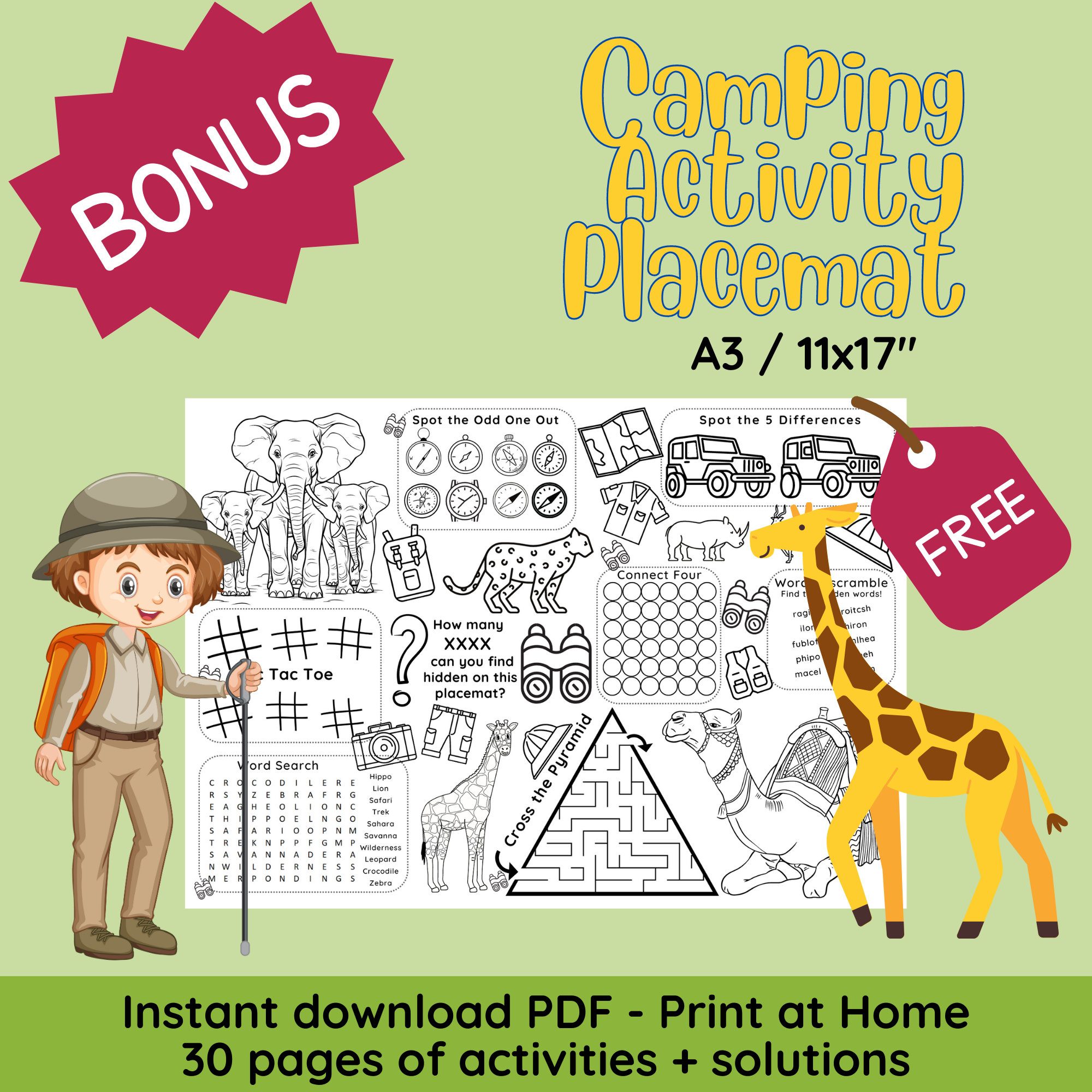 SAFARI Kids Activity Pack, Printable Activity for Kids, Word Find, Mazes, Crossword Puzzle ...
