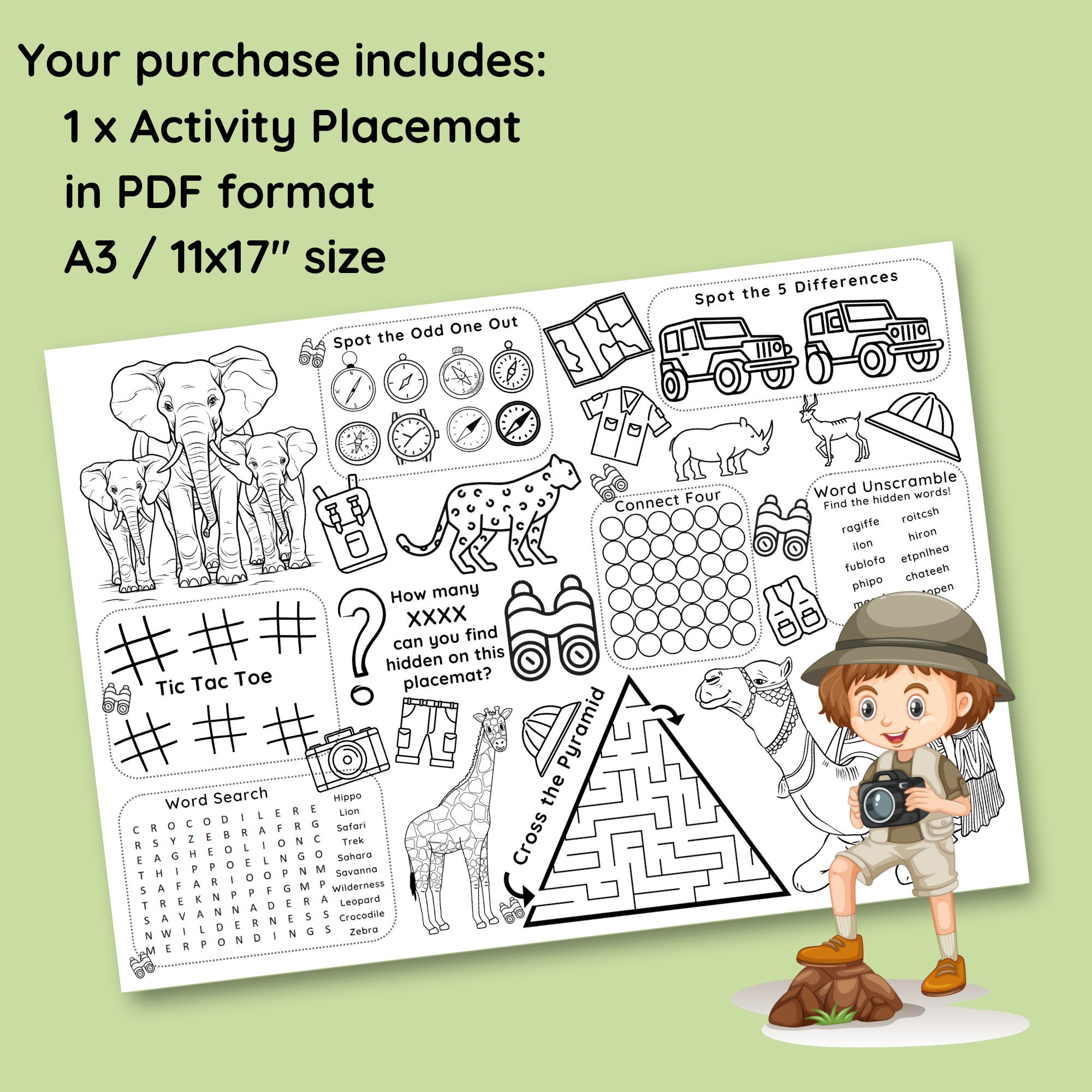 SAFARI Printable Activity Placemat, Activities for Kids, Word Find, Mazes, Themed Activity ...