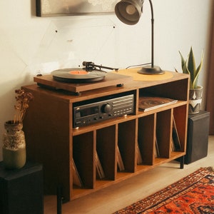 Retro record player stand 'York'. Handmade Vinyl LP Storage Cabinet.