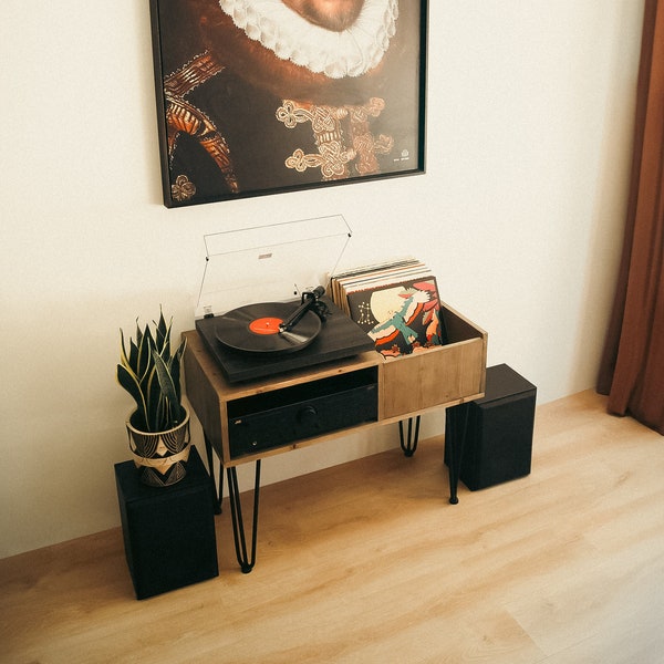 Turntable Stand and Vinyl LP Record Storage " Hilly Small". Store up to 50+ Records and create your own Beautiful HiFi Setup