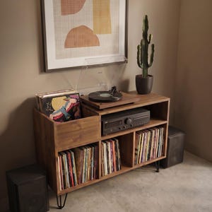 Pode incluir: Uma consola de gira-discos de madeira com gira-discos, amplificador e armazenamento para discos de vinil. Uma obra de arte abstrata emoldurada está pendurada acima da consola. Um cacto em vaso e duas colunas pretas completam a configuração.