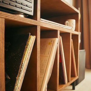May include: A wooden shelf unit with multiple compartments, filled with vinyl records and a white ceramic mug. The shelf is made of plywood and has a natural wood finish.