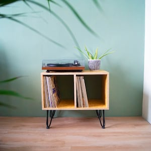 May include: A light wood record player stand with two shelves for vinyl records. The stand has black hairpin legs and is sitting on a light wood floor. A small green plant is sitting on top of the stand.