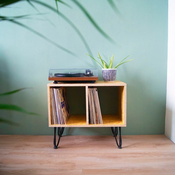 Turntable Stand & Vinyl LP Storage, From Made Durable and Recycled OSB Wood, Store up to 80+ LP's!