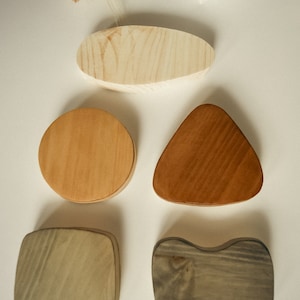 May include: Five wooden shapes in different colors and sizes. The shapes are a rectangle, a circle, a triangle, an oval, and a freeform shape. The shapes are all made of wood and have a natural finish.