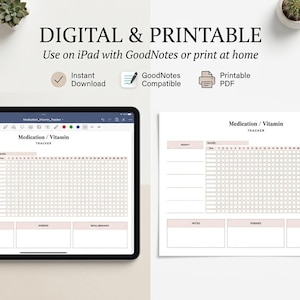 Puede incluir: Una plantilla digital e imprimible para el seguimiento de medicamentos y vitaminas que se muestra en la pantalla de una tableta y en una hoja de papel blanca. El diseño incluye una cuadrícula mensual y secciones para notas, dosis y recordatorios.