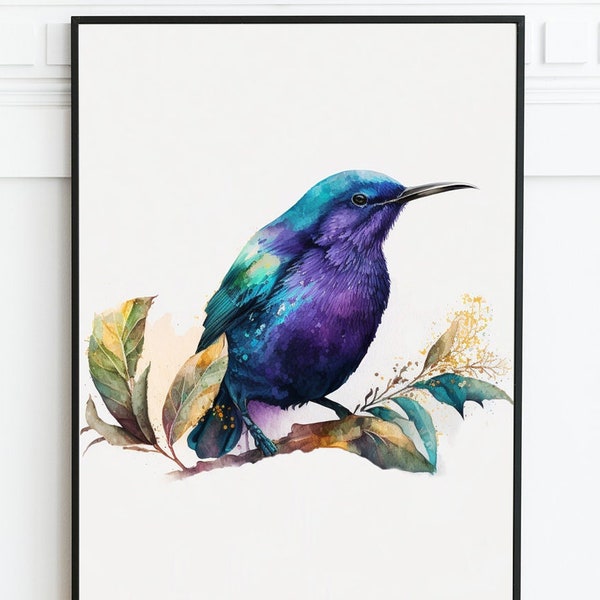 Purple Bird Print, Printable Wall Art, Decor Wall Art, Minimalistic Print, Minimalistic Wall Art, Bird Watercolor Art, Digital download