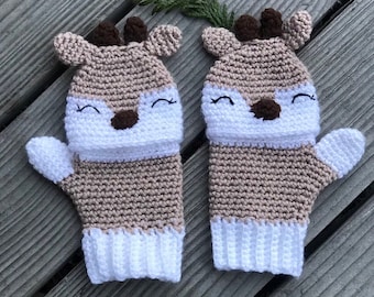 Crochet pattern convertible mittens fawn (3 sizes child - adult)